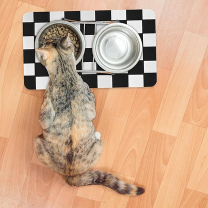 Checkered Dog Food mat, Non-Slip Sole Absorbent Dog and Water Bowl mat, Stain Free Quick Drying Checkerboard pet placemat, Suitable for cat、Puppy Accessories 12"x19" (Black)