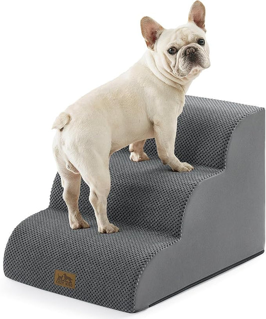 Wide Dog Stairs for Small Dog 15.7" H, Pet Step for Puppy, Older Cat, Curved Ramp for Couch, Durable Anti-Slip Ladder with High Density Foam, 3 Step, 17.7x22.4x15.7 inch, Dark Grey