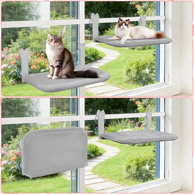 2 Pack Cat Window Perch,Cat Window Hammock Cordless Foldable Window Bed with 4 Large Strong Suction Cup,Reversible Cushion Cover,Metal Frame Easy to Adjust Window Seat Holds up to 40lbs(Gray)