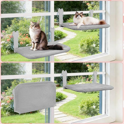 2 Pack Cat Window Perch,Cat Window Hammock Cordless Foldable Window Bed with 4 Large Strong Suction Cup,Reversible Cushion Cover,Metal Frame Easy to Adjust Window Seat Holds up to 40lbs(Gray)
