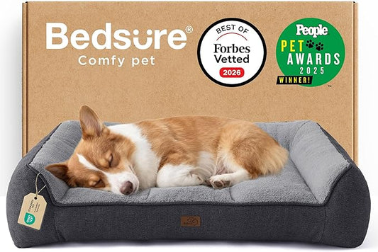 Bedsure SupportMax™ Orthopedic Dog Bed Medium Size Dog - As Seen on TV Extra Thick Supportive Medium Dogs Beds with Waterproof Washable Cover, Comfort Pet Bed Sofa with Soft Sherpa, Grey, 35"