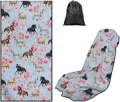 SEANATIVE Horse Flowers Sweat Towel Seat Cover, Car Seat Towel Protector, Car Seat Cushion Covers for Trucks SUV Jeep, Universal Seat Covers for Gym, Running, Swimming