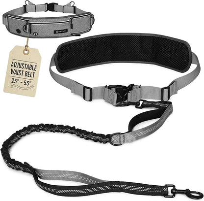 Tails & Tales Hands Free Dog Leash with Waist Pouch, Lumbar Support Upgraded, Bungee Reflective Leash, Adjustable Belt 25-55", Walking Running Hiking Training for Dogs Up to 125lbs (Gray, One Dog)