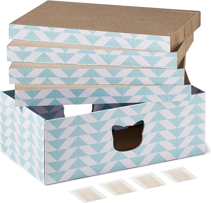 Amazon Basics Corrugated Cardboard Cat Scratchers, FSC-Certified, 4-Pack, 16.5 x 10 x 1.5 in, Blue
