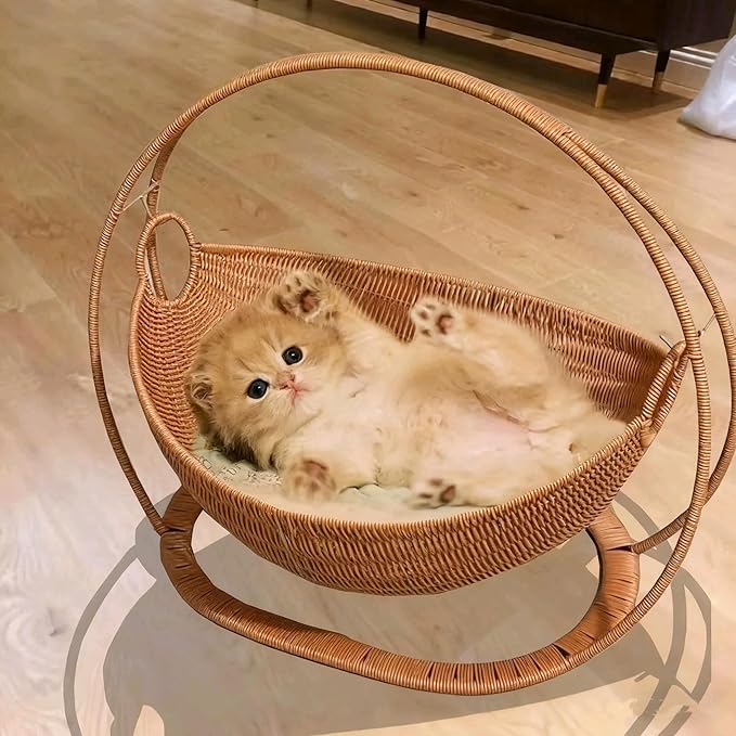 Cat Cradle Hammock Rattan Styles Cute Creative Hanging Kit with Stand Cups, Indoor Outdoor Hanging Swing Bed for Cats, Small Dogs & Small Animals, Ideal for Sleeping, Playing & Lounging (Small)