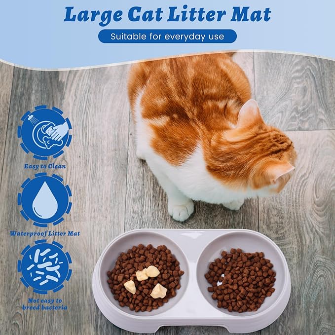 Sliner 7 Pcs Kitten Litter Box Starter Kit, 2 Plastic Small Kitty Litter Box Training Low Entry with Scoop, 2 Double Cat Bowl and Mat for Kitten Indoor(Blue)