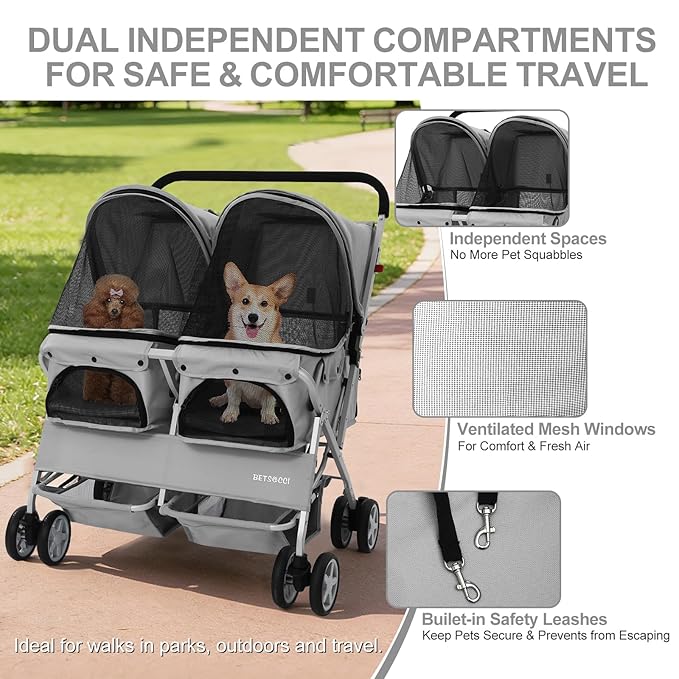 Double Pet Stroller for 2 Small Dogs & Cats, Side-by-Side Twin Travel Carriage with Safety Leashes, Mesh Windows & Double Storage Baskets, Lightweight & Foldable, 44lbs Capacity, Gray