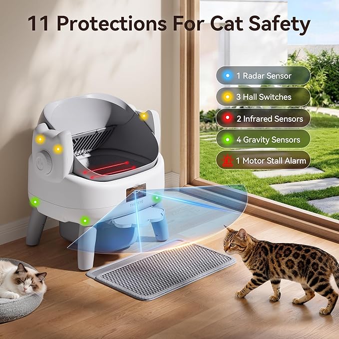 Thereye Automatic Litter Box with Entry Step, Open-Top Self Cleaning Litter Box for Multiple Cats, 11 Safety Protections & App Control, Odor Control Smart Cat Litter Box with Trash Bags/Litter Mat