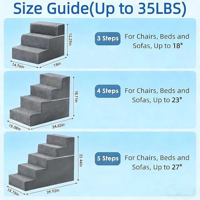 Simple Deluxe Dog Stairs for Small Dogs, 3-Step Dog Step for Puppy, Older Cat, Medium Pet Ramp for Sofa, Couch or Chair, Indoor Non-Slip Pet Ladder with High Density Foam, Gray