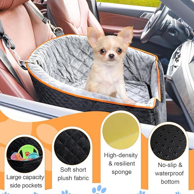XIEEAOZEE Dog Car Seat for Small Dogs, Memory Foam Booster Dog Seat for Dogs up to 35 lbs, Elevated Pet Car Seat with Washable Removable Cover, Storage Pockets(Black/Gray)
