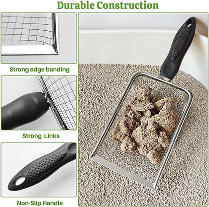 2Pcs Cat Litter Scoop Metal Stainless Steel Mesh Kitty Litter Scoop with Hook, Cat Scooper for Litter Box, Filter Small Pieces Quickly, Easy to Clean and Durable (3mm/5mm Mesh)