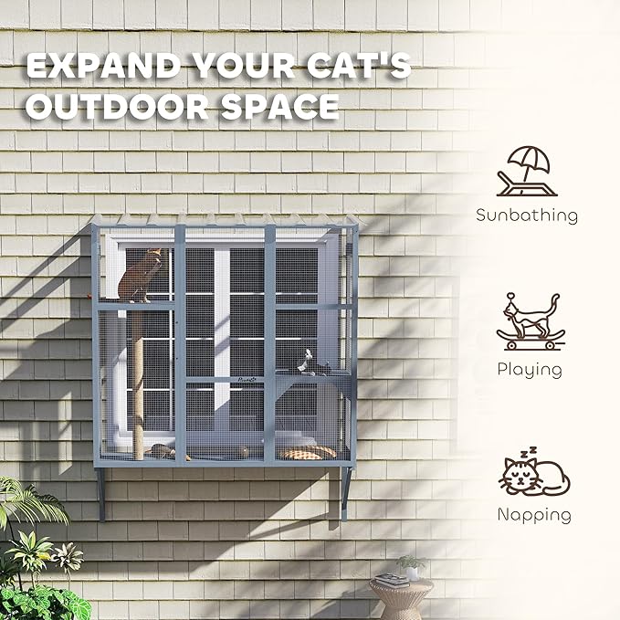 PawHut Outdoor Catio, Cat Window Catio Box Enclosure for 2-3 Large Indoor Cats with 2 Jumping Platforms, Scratching Post, for Playing, Sunbathing, Napping, Cat Window Perch for Enjoying Sights, Gray