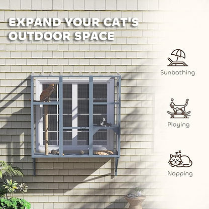 PawHut Outdoor Catio, Cat Window Catio Box Enclosure for 2-3 Large Indoor Cats with 2 Jumping Platforms, Scratching Post, for Playing, Sunbathing, Napping, Cat Window Perch for Enjoying Sights, Gray