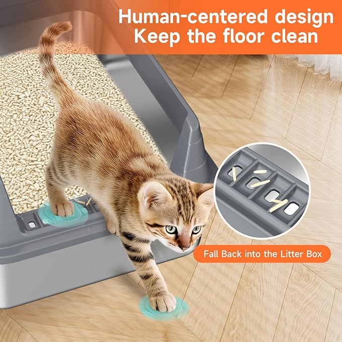 Stainless Steel Cat Litter Box, Odor Free Metal Litter Box with High Sides Lid, Open Top Low Entry Litter Pan Include Scoop Easy Cleaning Anti-Scratch Kitty Cat Box Anti-Urine Leakage, Non-Sticky