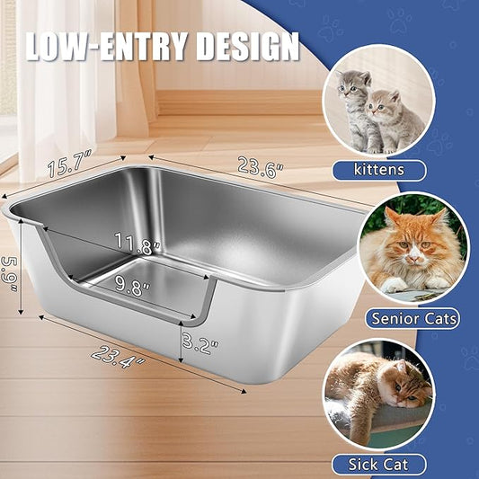 2 Pack Stainless Steel Cat Litter Box with Low Entry,Litter Pan for Big Kitty and Multiple Cats,Easy to Clean,Non-Stick,Odor-Free,Suitable for Kittens,Senior Cats and Injured Pets,23.6"x15.7"x5.9"