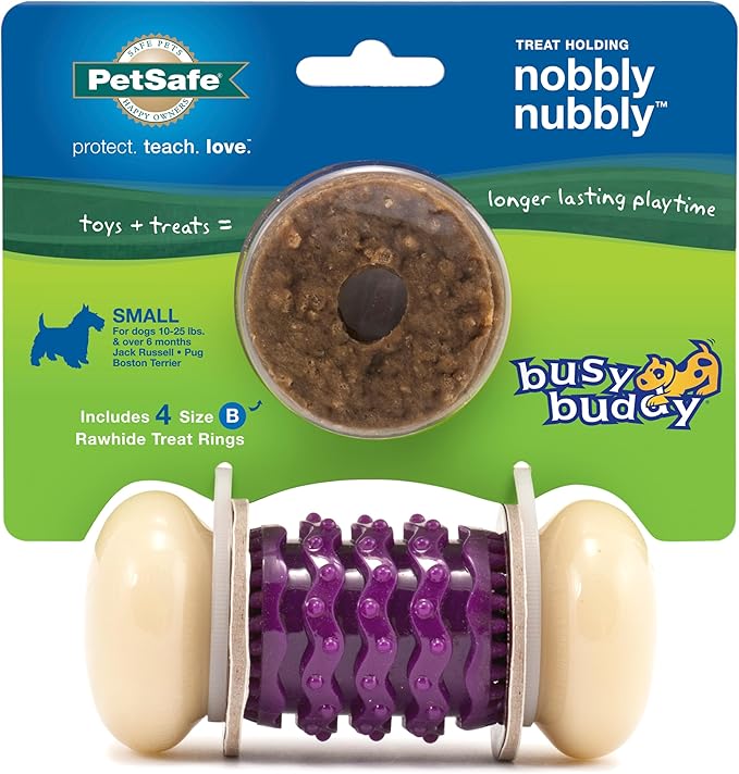 PetSafe Busy Buddy Nobbly Nubbly Treat Holding Dog Toy - Boredom Relief for Strong Chewers - Durable Nylon Build - Dishwasher Safe Design - Includes Treat Rings - Engaging Pet Puzzle - Purple - Small