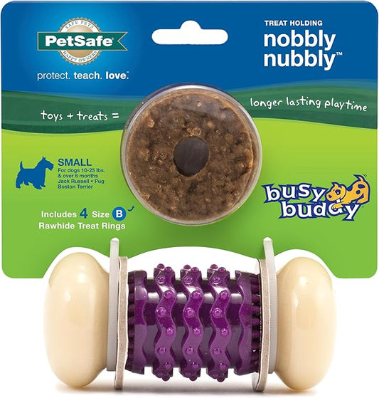 PetSafe Busy Buddy Nobbly Nubbly Treat Holding Dog Toy - Boredom Relief for Strong Chewers - Durable Nylon Build - Dishwasher Safe Design - Includes Treat Rings - Engaging Pet Puzzle - Purple - Small