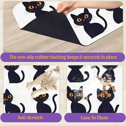 Cute Black Cats Pet Feeding Mat, Absorbent Dog and Cat Bowl Pad, Fast Dry, Non-Slip Back – 16x24 Inch