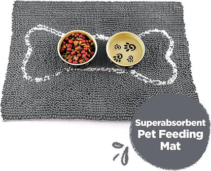 Soggy Doggy Slopmat Dog Food Mat – Absorbent Microfiber Chenille Pet Feeding Mat for Food & Water Bowls, Muddy Paws Small Doormat, Non-Slip, Machine Washable Rug – Gray/Light Gray Bone, 18” x 24”