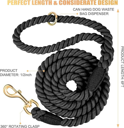 Dog Leash 6 FT Handmade Braided Cotton Rope Leashes for Small Medium and Large Dogs, New Golden Heavy Duty Metal Clasp, Black
