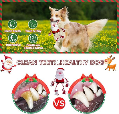 PAWCHIE Dog Christmas Toys 2 Pack,Squeaky Chew Dog Toy Interactive Puppy Toys,Soft Pet Plush Teething Pet Rope Toys Santa Claus Reindeer Shape for Boredom, for Small Medium Dogs,Red