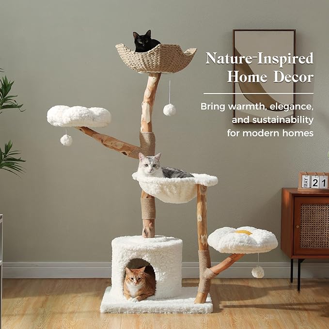 PAWZ Road Cat Tree for Indoor Cats Large Adults, 59 Inches Modern Cat Tower with Large Basket and Hammock, Natural Solid Wood, Luxury Condo & Dual Perches, Modern Cat Furniture for Big Cats, White