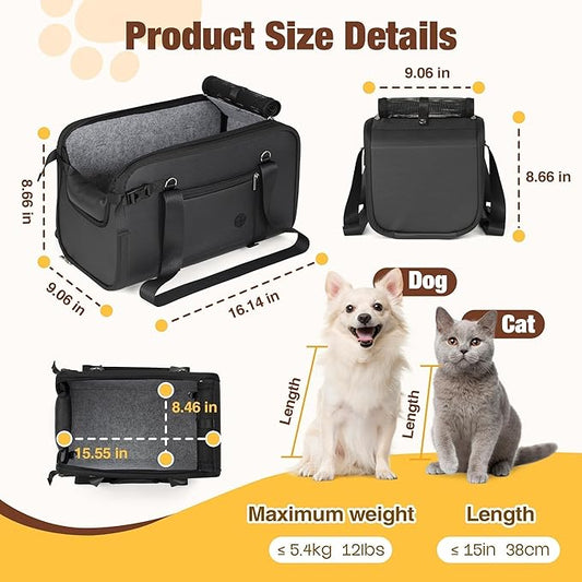 YUDODO 2-12lbs Center Console Dog Car Seat, Anti-Slip Pet Cat Booster Seat for Small Dogs, Portable Puppy Bed Carseat Carrier PU Leather Black