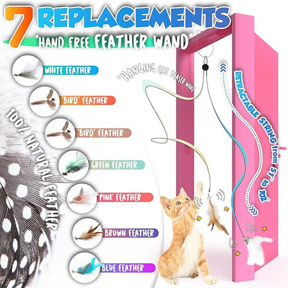 Retractable Cat Feather Toys 7PCS Refills with Bell, Interactive Doorway Hanging Teaser Toys for Indoor Cats, Kitten Play Exercise Feather Teaser Wands
