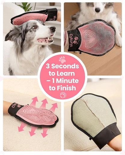 Pet Hair Removal Glove for Dogs & Cats, 2-in-1 Double-Sided Pet Grooming Tool, Electrostatic Pet Hair Remover Glove for Clothes & Furniture + Silicone Brush for Deshedding Pets,Pink