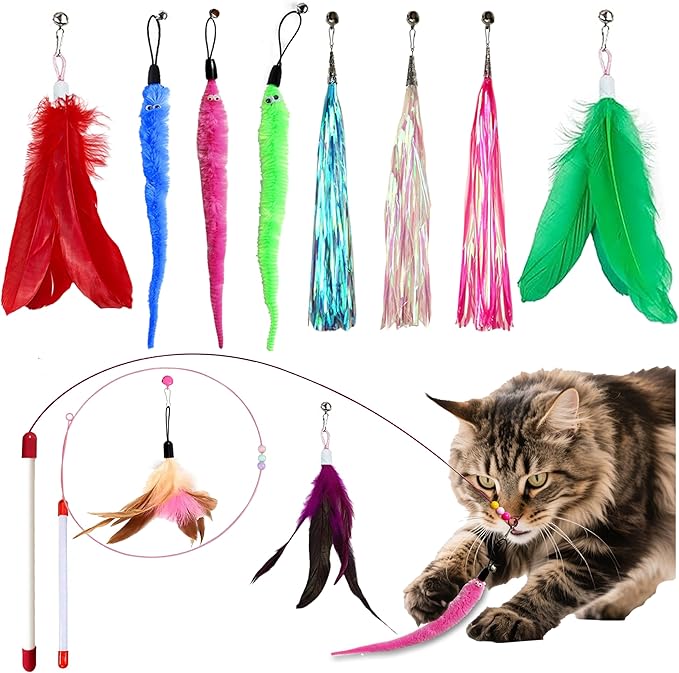 12Pcs Cat Wand Toy - 2 Cat Toy Stick Wand 10 Replacement Teasers with Bells, Interactive Feather Toy for Indoor Cats, Worm Cat Toy Teaser for Bored Adult Cats Kittens Play Chase Exercise