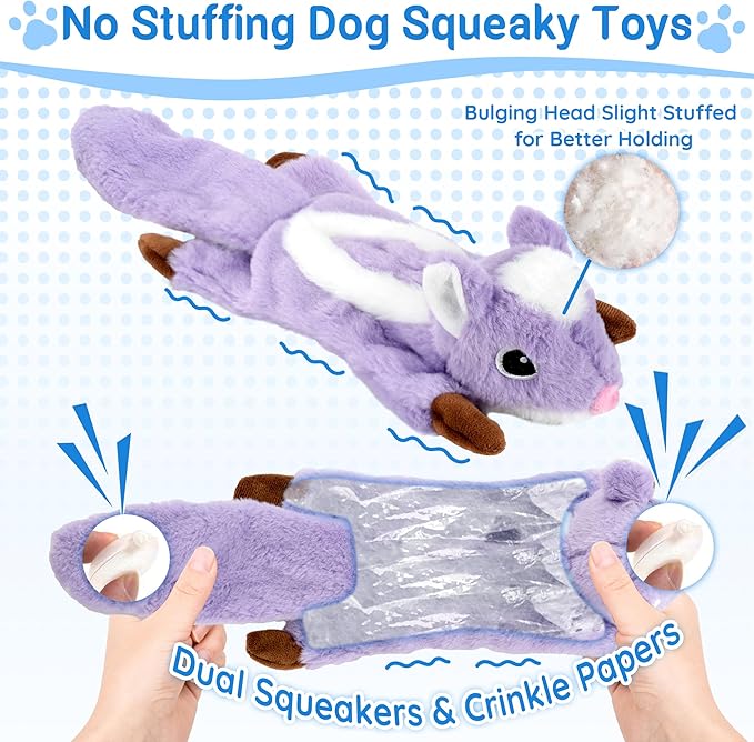 5-Pack Fluff-Free Squeaky Dog Toys - Crinkle No-Stuffing Body & Lightly Filled Head with Treat Hiden Pocket, Dog Toys Bundle for Aggressive Chewers Small Medium Large Dogs to Keep Them Busy