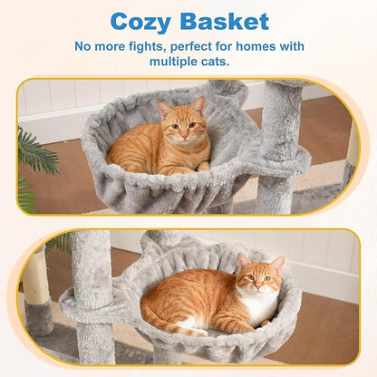 Hey-brother Cat Tree Tower with Extra Large Platform, Spacious Condo, 2 Cozy Hammocks, Self-Grooming Brush, Sisal Scratching Posts for Big Indoor Adult, Maine Coon, 35.4 Inches, Light Gray MPJ060W