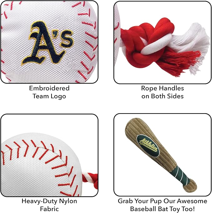 MLB OAKLAND ATHLETICS Baseball Rope Toy for DOGS & CATS. Tough nylon, Sporty Baseball Design, Heavy-duty ropes with Inner SQUEAKER