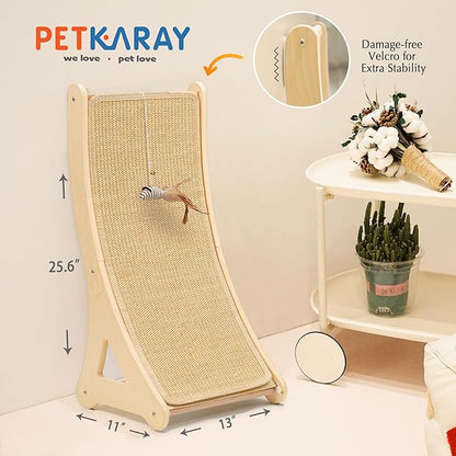 PETKARAY Curved Cat Scratcher, Sisal Kitty Scratching Ramp, L Shape Scratch Pad for Indoor Cats, 25.6" Furniture Protector with Mouse Toy