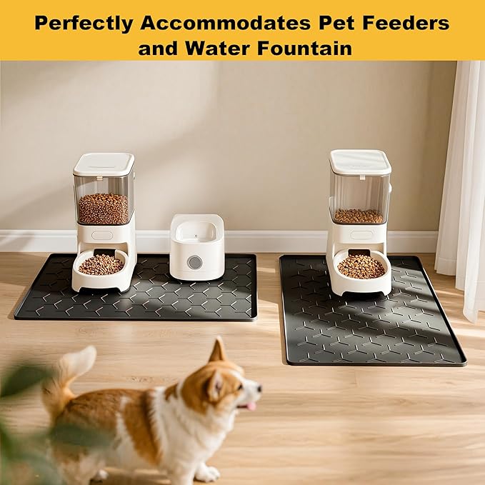 Pieviev 24''x16'' Dog Cat Food Bowl Mat, Silicone Waterproof Food Grade Pet Food Mat for Floor, High Raised Edge to Prevent Spills, Non-Slip & Easy Clean Pet Placemat for Dog & Cat Bowls, Black