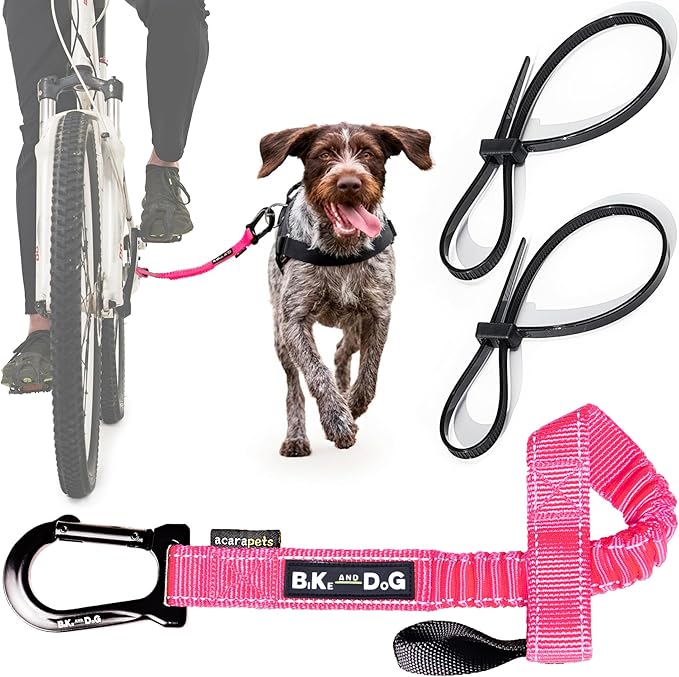 BIKE AND DOG - Dog Leash and Harness for Bicycle, Harness with 3 Rings, 2 are Sides, Includes 2 Special Cable Ties for Bicycle. Patented. (Fluorescent Pink, Leash)