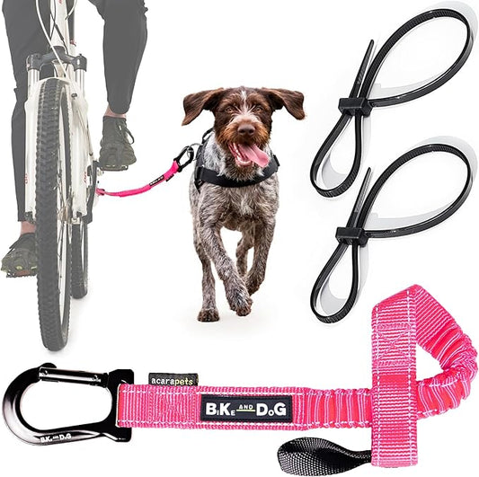 BIKE AND DOG - Dog Leash and Harness for Bicycle, Harness with 3 Rings, 2 are Sides, Includes 2 Special Cable Ties for Bicycle. Patented. (Fluorescent Pink, Leash)