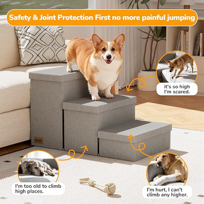 3-Step Wide Dog Stairs 18" H with Removable Cover, Non-Slip Storage Pet Steps for High Bed Couch, Pet Stairs for Small/Medium/Large Old Dogs Puppy Up to 200lbs, Cat Dog Steps for Car, Grey