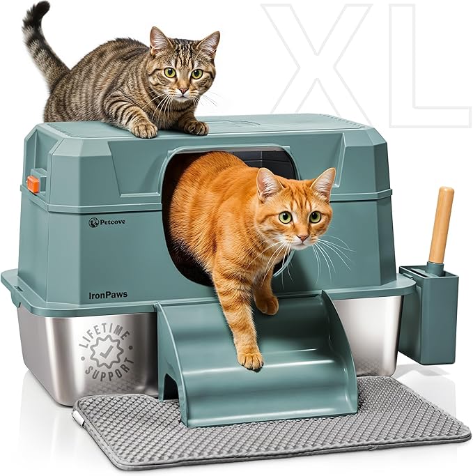 Stainless Steel Cat Litter Box with Lid - XL 3-in-1 Design for Indoor Cats - Stainless Steel Litter Box - Maximum Privacy and Odor Control for Indoor Cats - Green