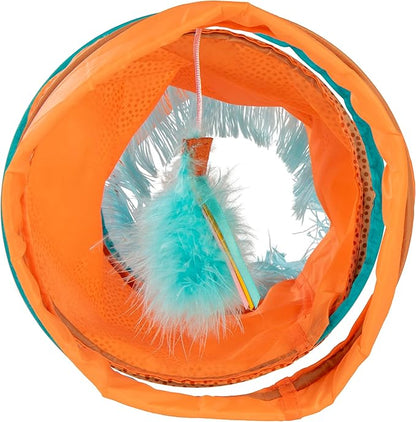 Instincts by SmartyKat Teaser Tunnel Activity Tunnel Cat Toy w/Fringe & Feather Teaser Cat Toy - Orange, One Size
