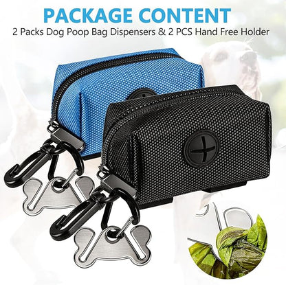 Dog Waste Bag Dispenser Pet Poop Bags Holder for Doggie Waste Bags Dispensers Soft Fabric Zipper Small Doggy Puppy Pouch for Leash Accessory Attachment with Carrier,2PCS Blue&Black