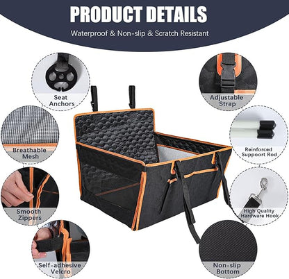 Dog Car Seat for Large Medium Dogs, Dog Car Seat Cover for Back Seat, Foldable Pet CarSeat with Safety Belt, Waterproof Fabric & Breathable Mesh, Back Seat Cover for Dogs Under 40lbs (Large, Orange)