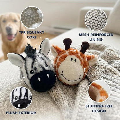 Pet Lou Ez Squeaky Ball Twin Pack - Giraffe and Zebra, 4-inch Height