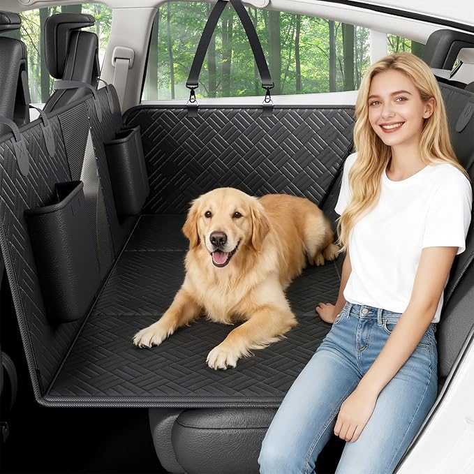 Dog Back Seat Extender, Hard-Bottom Backseat Bridge for Cars & SUVs, Striped Surface Waterproof PU Leather Pet Travel Platform, Anti-Slip,Strong Support, Easy to Clean