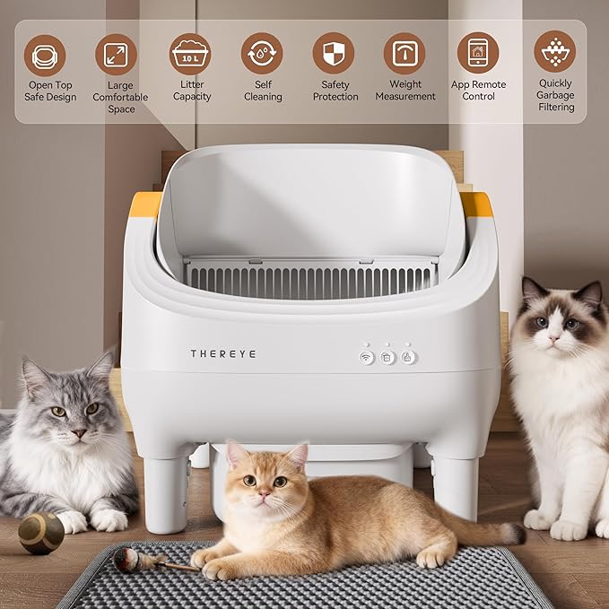 Thereye Self-Cleaning Cat Litter Box,Open-Top Automatic Litter Box with App Control for Multiple Cats, Safety Sensors Protection, Odor Control Includes Trash Bags,Large Waste Bin, White Yellow