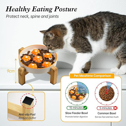 Elevated Slow Feeder Cat Bowl - Maze Puzzle Cat Food Dish with Bamboo Stand, Anti-Slip - Raised Base for Comfortable Eating - 6 OZ - Bright Orange Flower