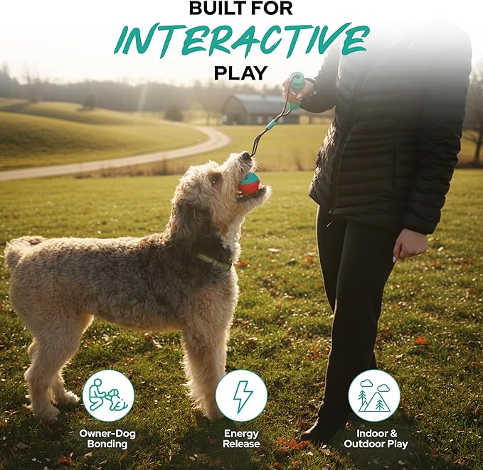 Dog Ball with Rope – Durable TPR Chew Toy for Tug, Fetch & Dental Cleaning – Treat Dispensing Interactive Toy for Small, Medium & Large Dogs – Indoor Outdoor Play Training by Tail Town