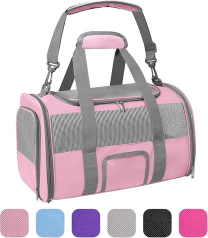 Pet Carrier Airline Approved for Puppy Medium Cats 15 Lbs Small Dog Carrier Breathable Collapsible Soft Sided Cat Travel Carriers, Pink with Grey