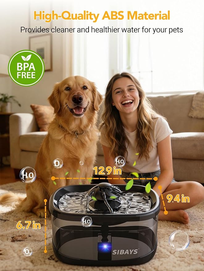 SIBAYS 9.5L/2.5Gal Dog Water Fountain, 3 Flow Modes Automatic Pet Water Fountain with LED Light & Water Shortage Reminder, Ultra Quiet Dog Water Bowl Dispenser for Large Dogs & Multi-Pet(FS82, Black)