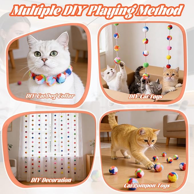 Ouligay 20 PCS Silent Cat Pom Pom Balls Soft Plush Cats Ball 1.6 Inch Rainbow Cat Toy Balls Interactive Lightweight Kitten Puff Ball for Cats Kitten Pet Playing Exercising
